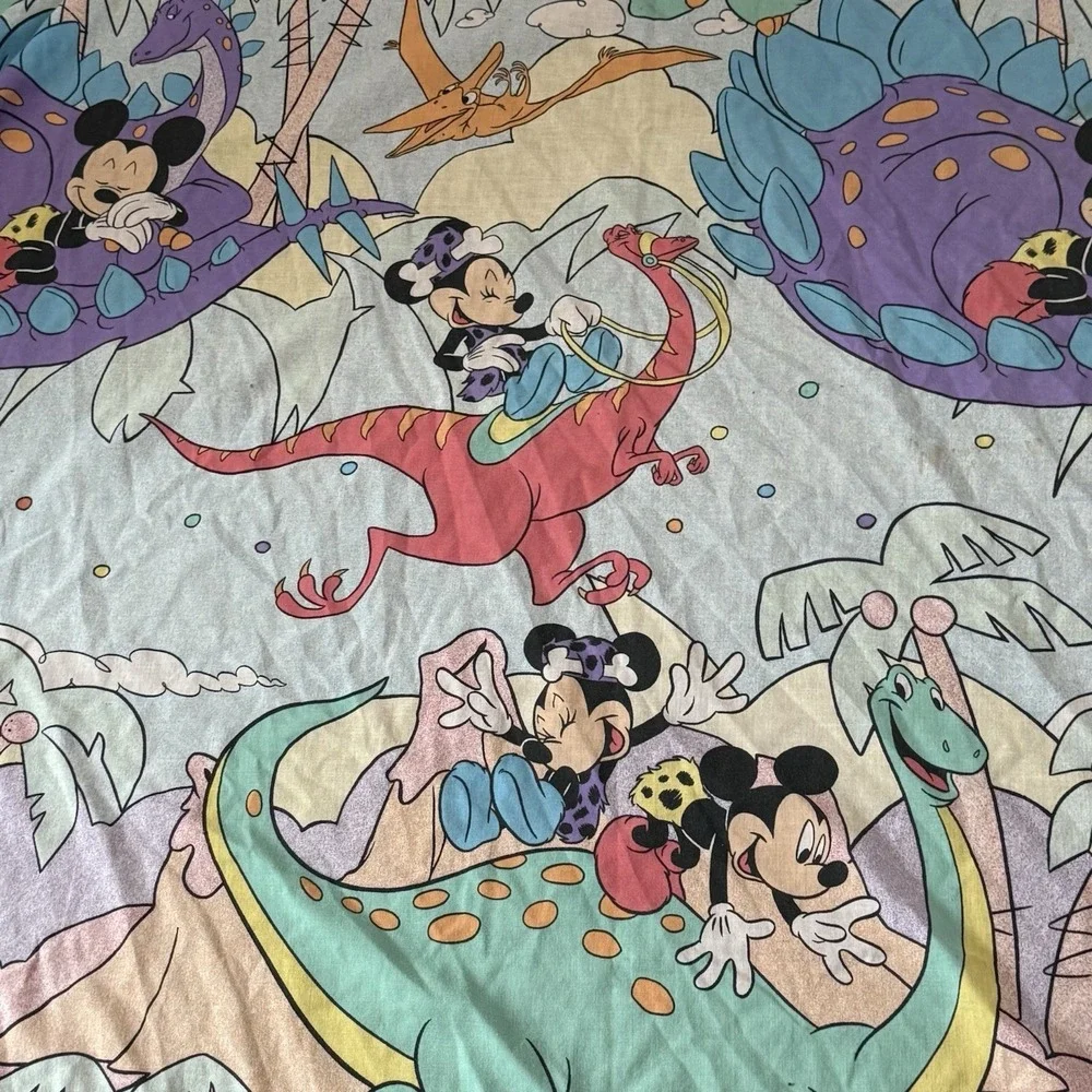 Vintage Disney Mickey Minnie Mouse Dinosaur Flat Sheet Twin 90s Prehistoric Bed‎